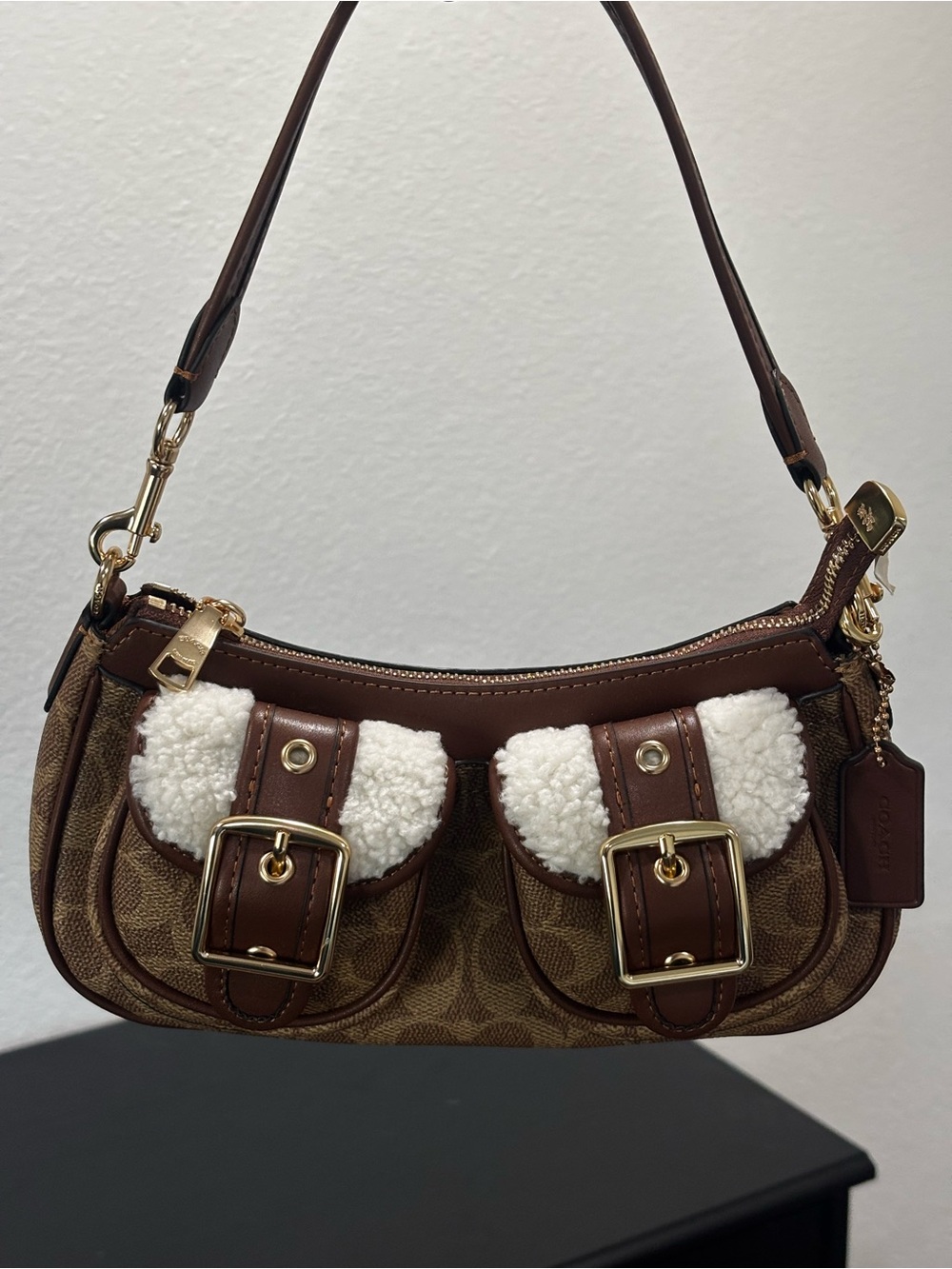 Coach Brown Ashton Signature Shearling-Trim Shoulder Bag
